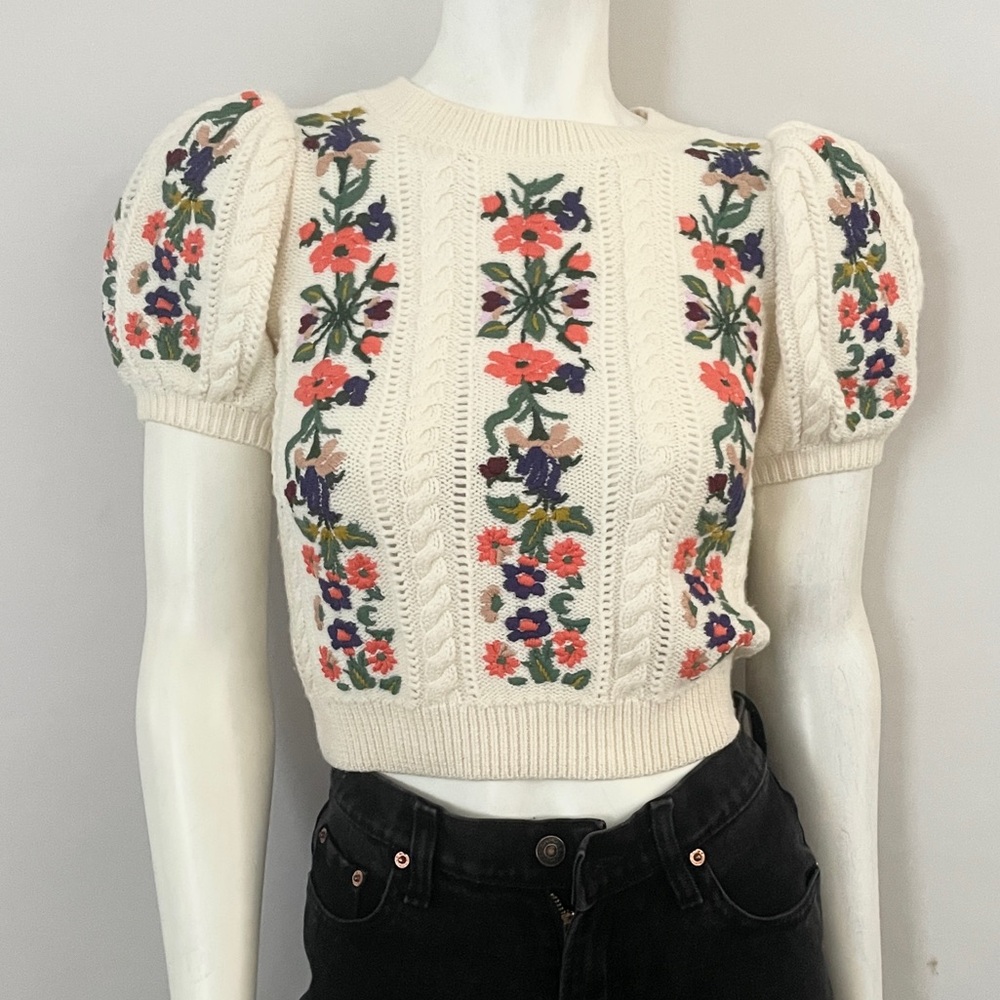 Alice+Olivia Darren Floral Puff Sleeve Sweater